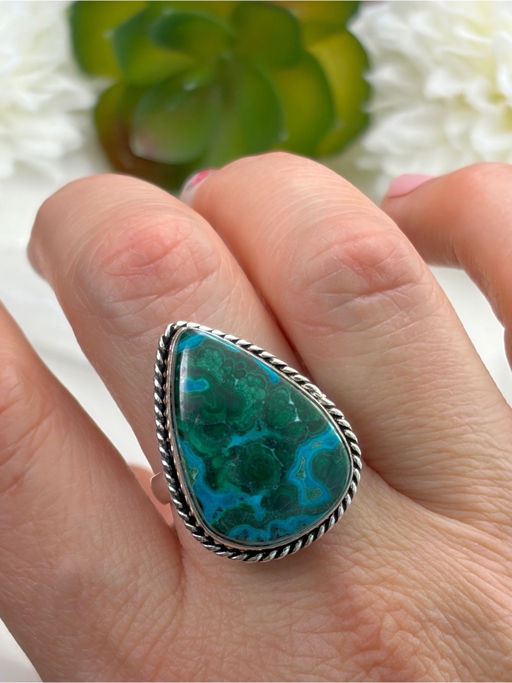 Malachite Chrysocolla Ring Size 9 1/2 9.5 Southwest Sterling Silver 925 Overlay